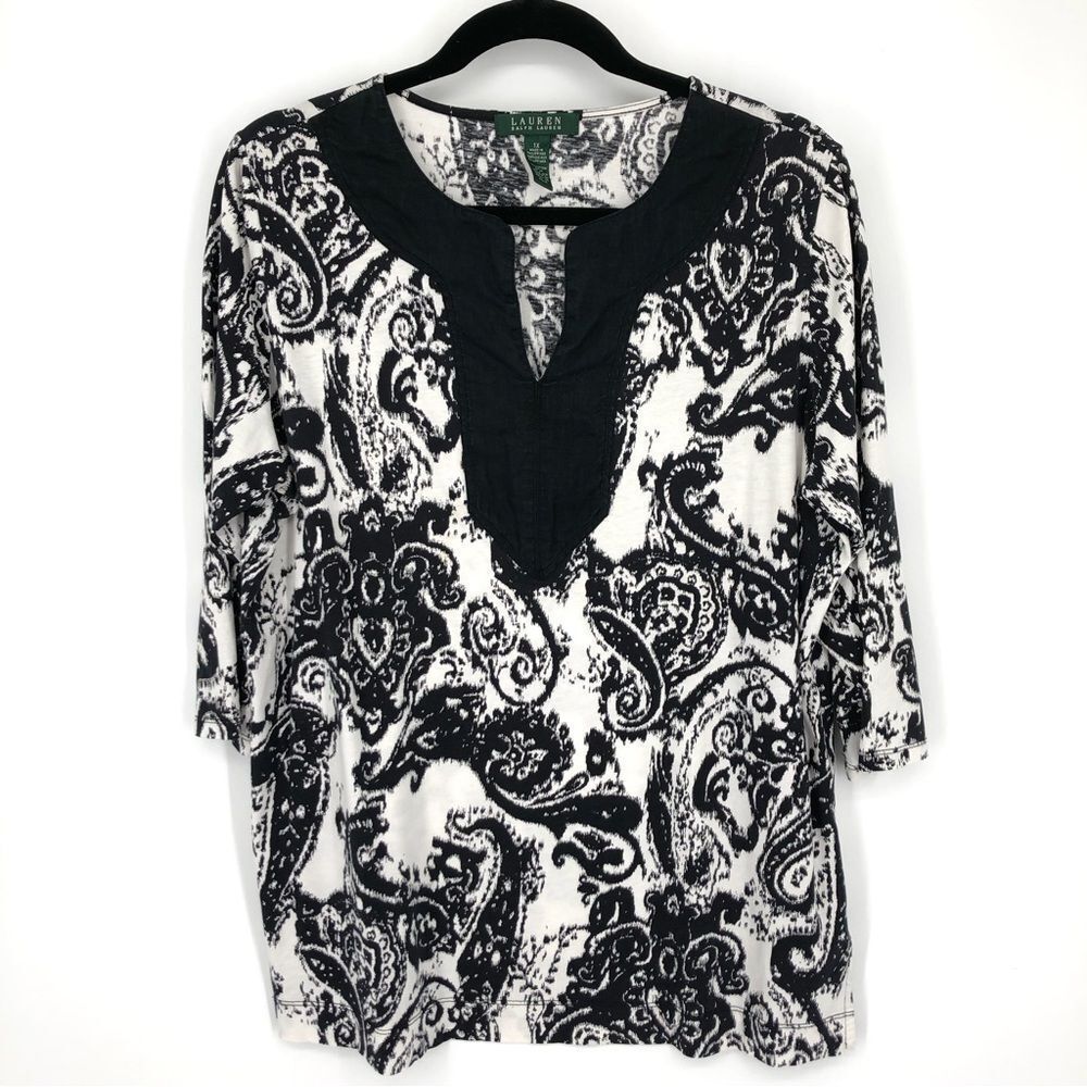 Lauren‎ Ralph Lauren Popover Shirt Womens 1X Black White Paisley Split Neck